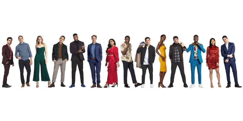 Line up of 14 posed actors