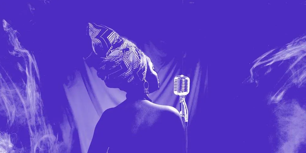 Purple tinted photo of a singer