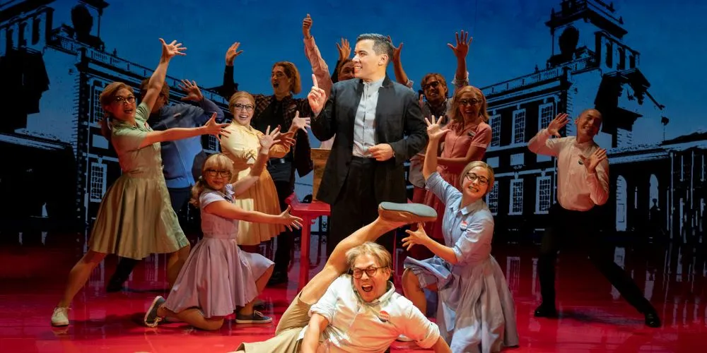 Conrad Ricamora and the company of 'Soft Power.' Photo credit: Joan Marcus. Courtesy of the Public Theater.
