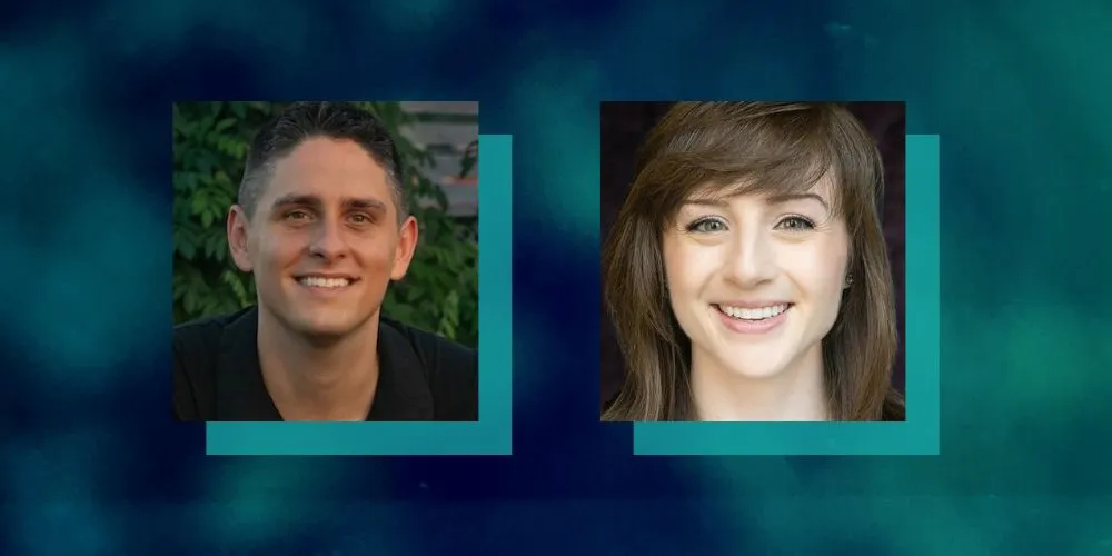 A headshot of a man and a headshot of a woman on a blue background