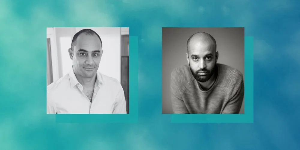 Two black and white headshots of men on a turquoise background. 