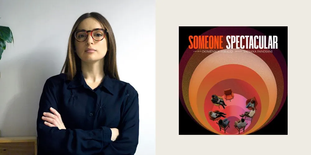 Headshot of Tatiana Pandiani next to a poster for Someone Spectacular