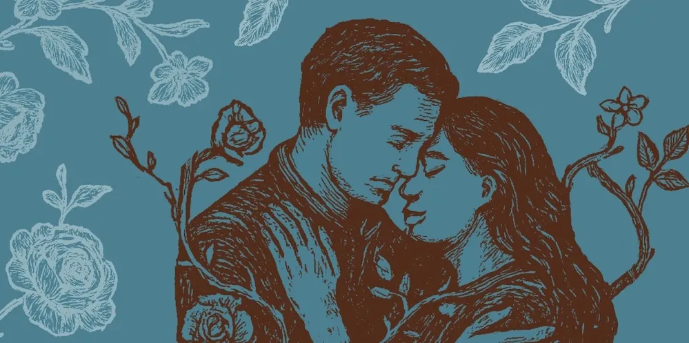 Illustration of two people embracing. 