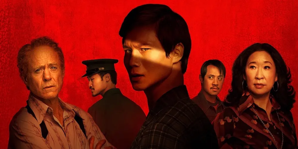 Promotional image from 'The Sympathizer,' people against a red background