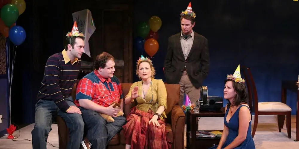 Jeff Binder, Jordan Gelber, Kate Blumberg, Peter Benson, and Maggie Kiley in Atlantic Theater Company's 2006 premiere of "Birth and After Birth." (Photo by Monique Carboni)