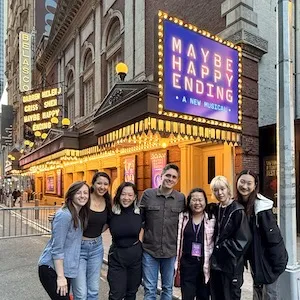 The Stage Management team on 'Maybe Happy Ending.' From left to right: Professor Sarah G. Harris, Karlie Teruya, Plato Seto, Professor Justin Scribner, Nina Schatell, Stage Management student Hera Jung, Mia Qin '23.