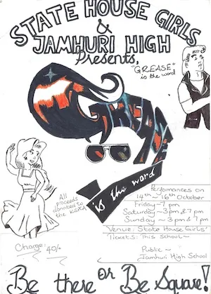 A hand-drawn flyer advertising a high school production of 'Grease'
