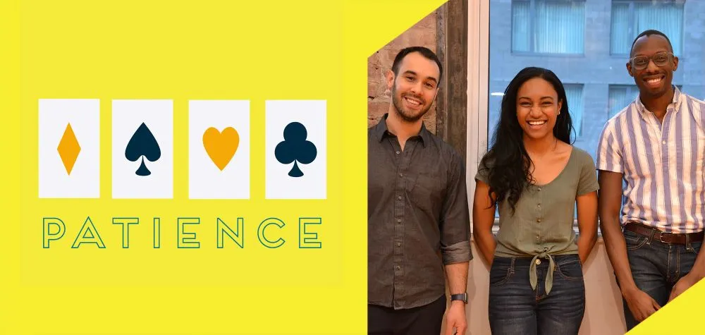 Poster for 'Patience'next to picture of three people.