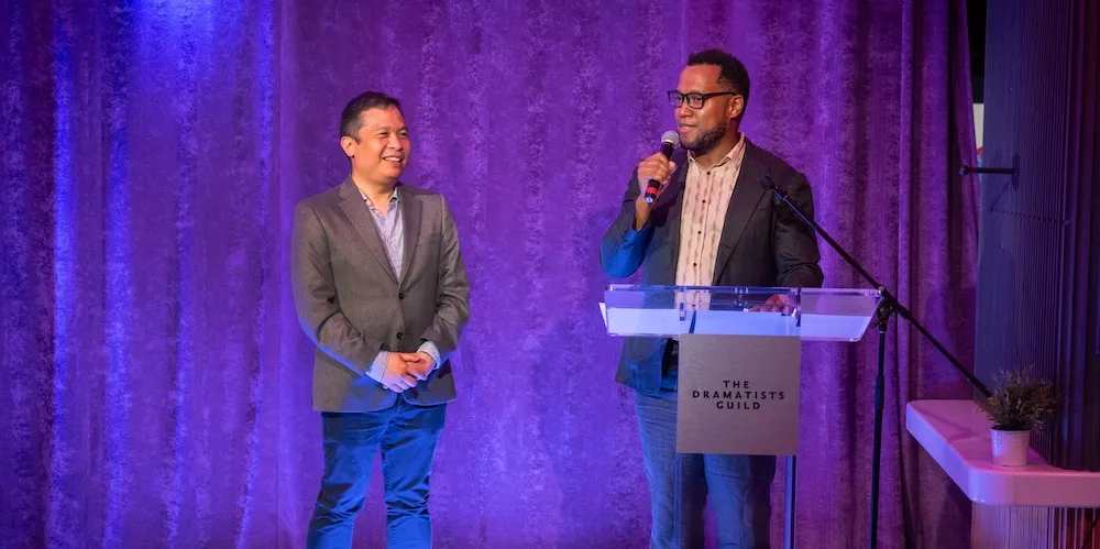 Branden Jacobs-Jenkins presents the 2025 Dramatists Guild Horton Foote Award to Clarence Coo '10