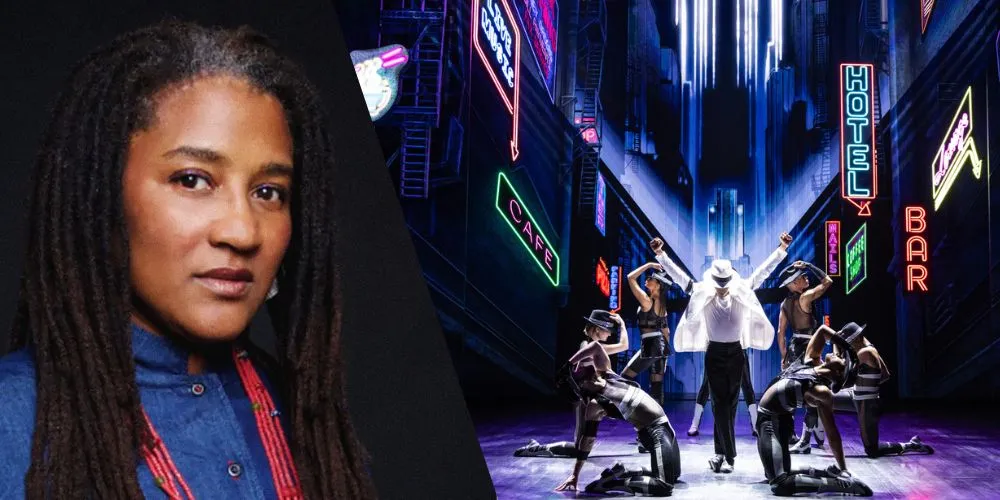Headshot of Nottage alongside still from MJ The Musical