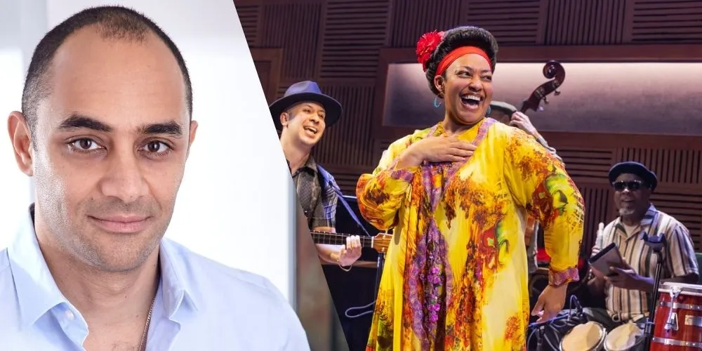 Headshot of Saheem Ali alongside a photo of a woman singing