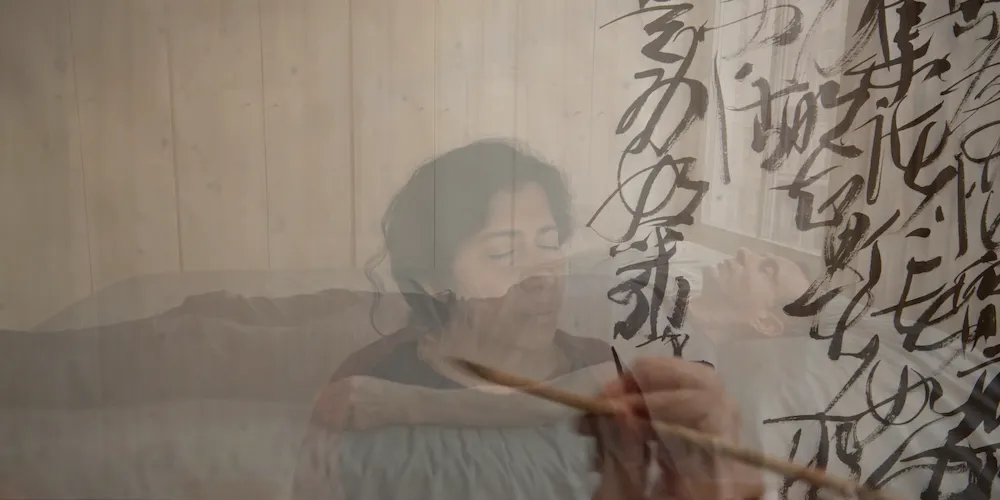 From the film 'this body is so impermanent…' with calligrapher Wang Dongling, choreographer Michael Shumacher, and devotional singer Ganavya; directed by Peter Sellars. Courtesy of the UCLA Boethius Initiative and Fisher Center at Bard.