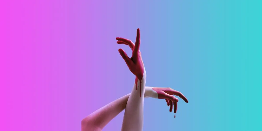 posed hands against a purple-teal gradient