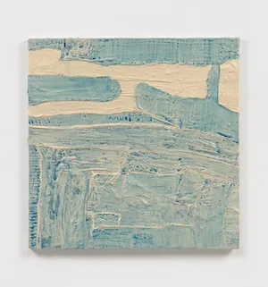 Abby Robinson '22, 'Denim Relief,' (Acrylic, ink, and plaster cloth on canvas).