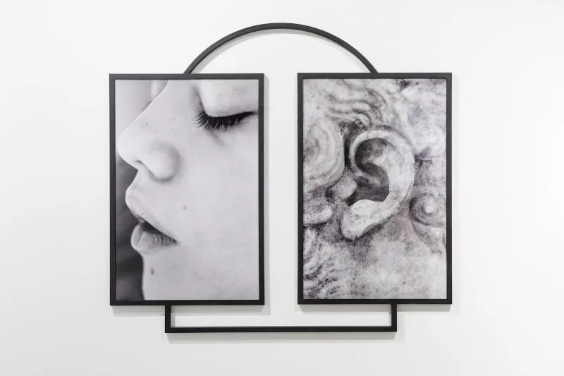 Disconnected pictures one of a face, the other of an ear that does not belong to the face