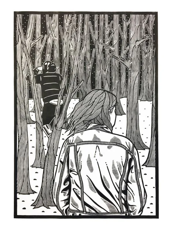Black and white art of two persons in a snowy forest