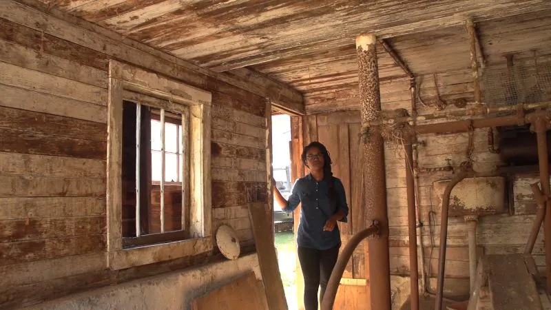 Person standing in the doorway of a wooden house