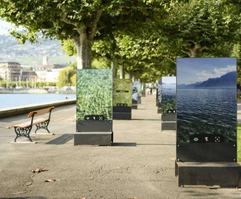 Outdoor exhibit of visual art images