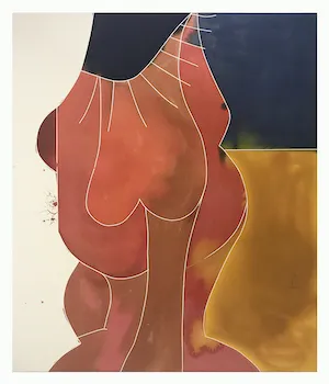Abstract oil painting with fluid shapes in salmon reds, ochre, and navy