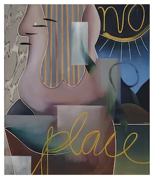 Abstract oil painting with fluid vertical shapes in mauves, navy, greys, and yellow script