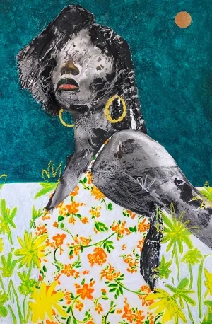 Painting of a woman with a floral dress.
