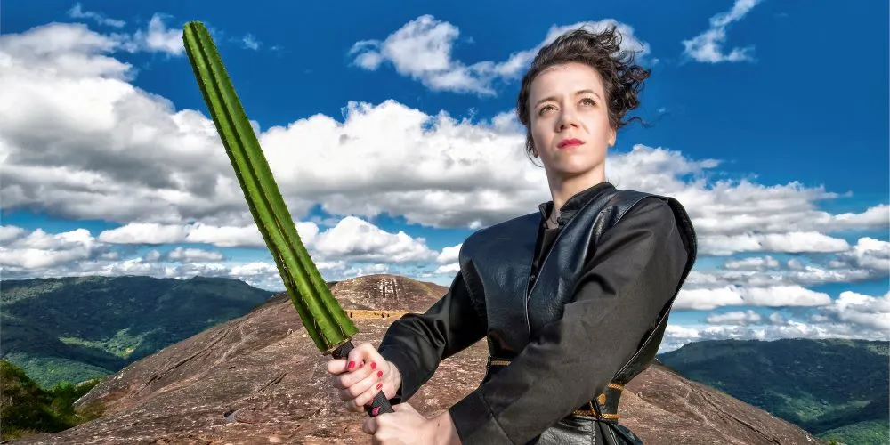 Person in top of a mountain holding a cactus ending in a hilt as a sword
