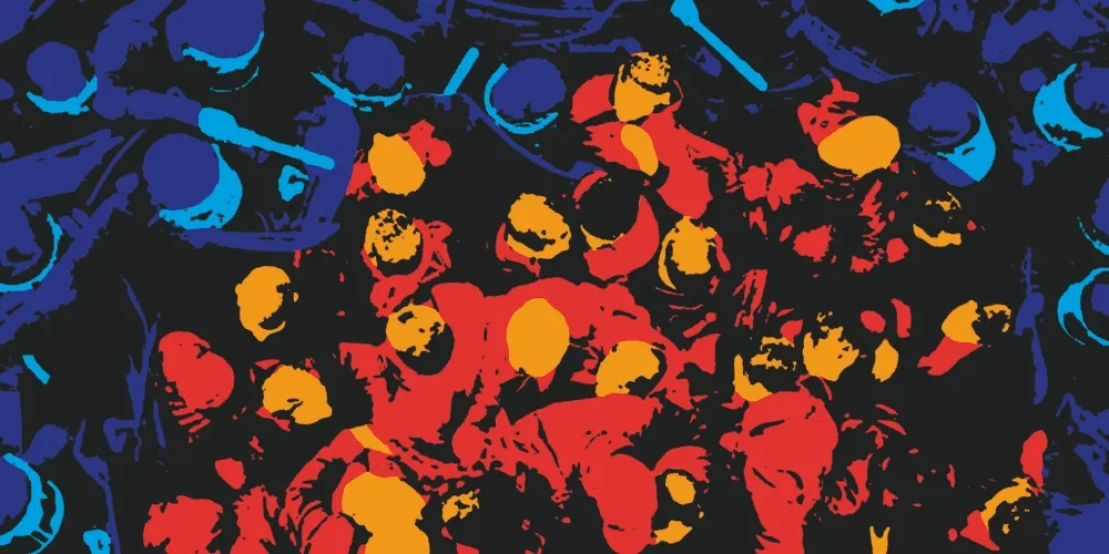 Art piece of red bodies and blue bodies.