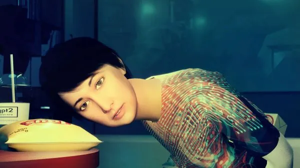 Digitally animated person with bag of chips on table