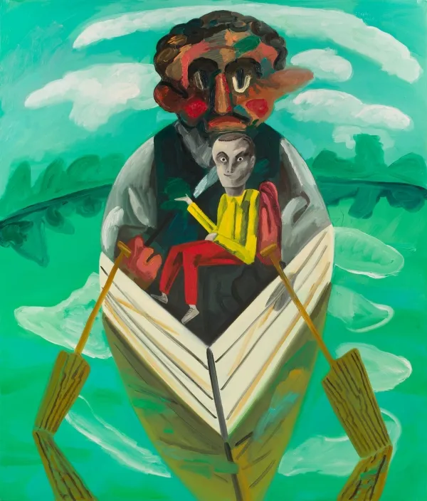 /////oil painting of two men in a small boat.