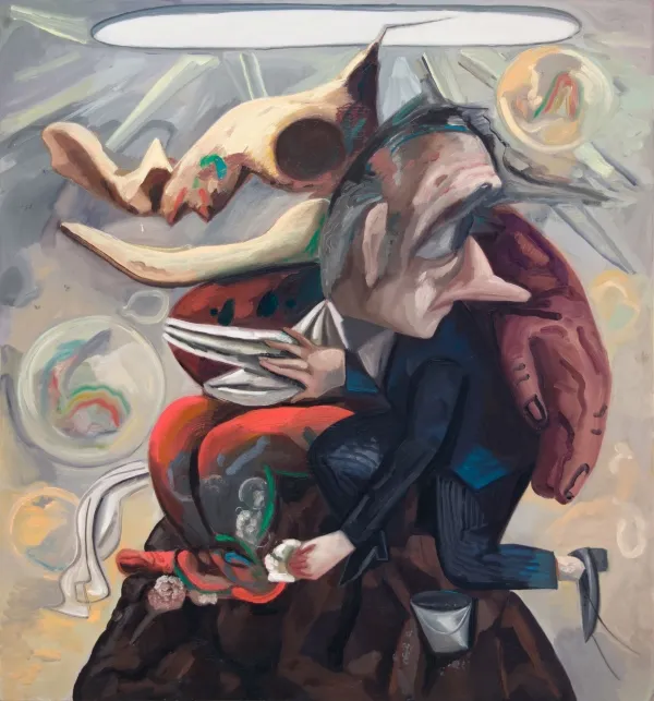 A painting of a suited man and a skull.