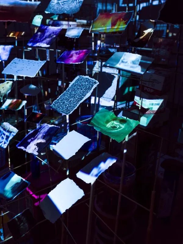Installation of articulated prints illuminated by blue lights