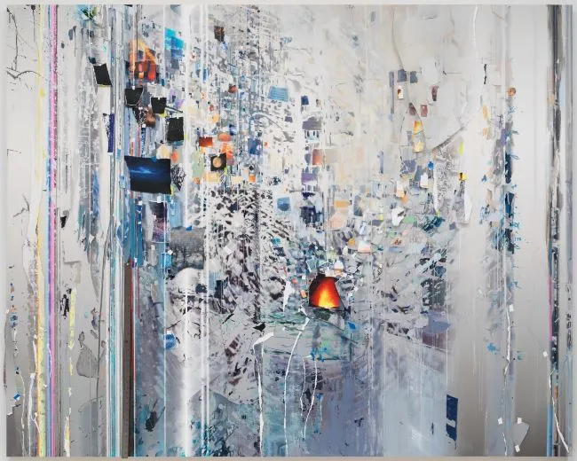 Abstract painting made with paint, acrylic, wood, and cutouts.