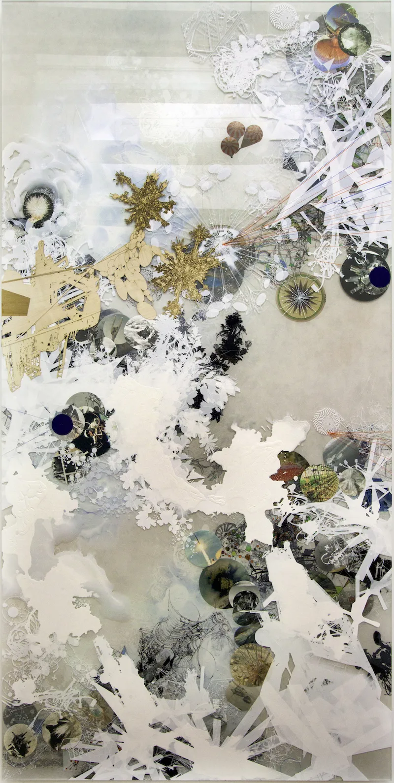 Print of intricate white and gold shapes and circular collaging on cream background