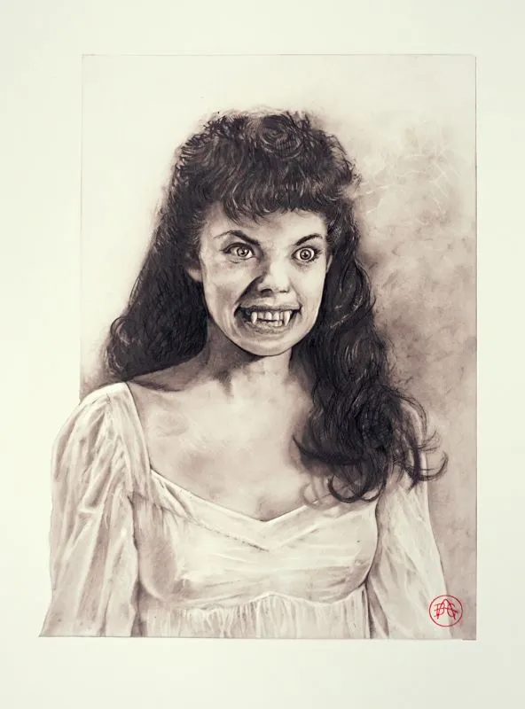 Portrait of a young women with an intense expression and fangs
