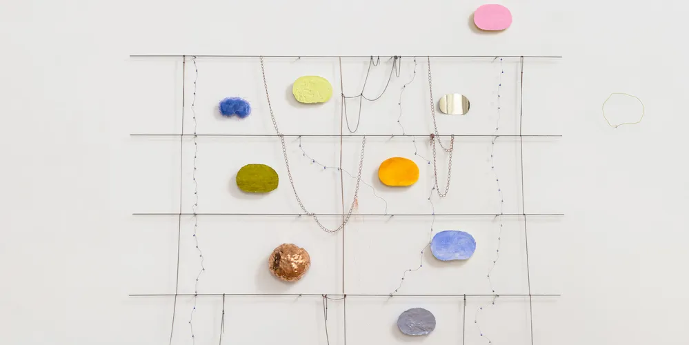 Abby Robinson, 'Wall drawing,' (73 3/4" x 101" x 4," steel, copper, plaster, oil, acrylic, flashe, vinyl, and yarn, 2023). Photography credit Pierre Le Hors. Courtesy the artist and Tilton Gallery, New York