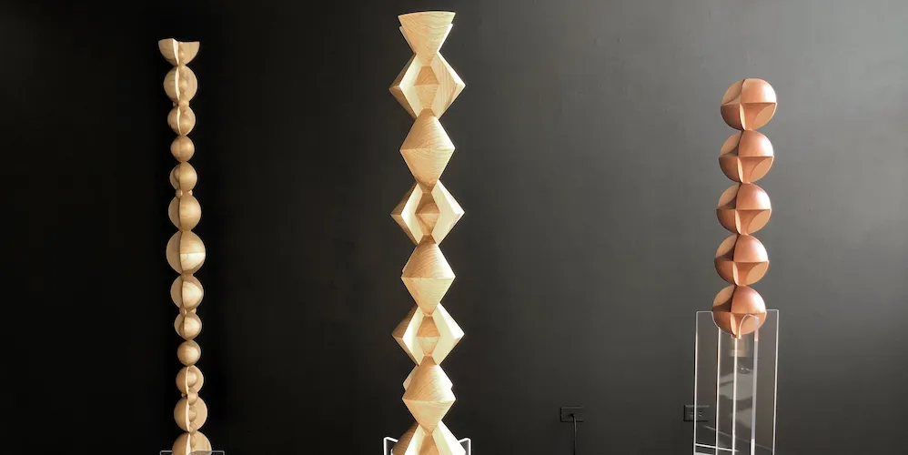 Installation view of Vivian Chiu’s 'And, Or, Not' solo exhibition at FLXST Contemporary, 2023. Photo copyright Vivian Chiu and courtesy of FLXST Contemporary. [Left to Right: 'Pagoda,' 2023; 'Lantern,' 2023; 'Fan #1,' 2023]