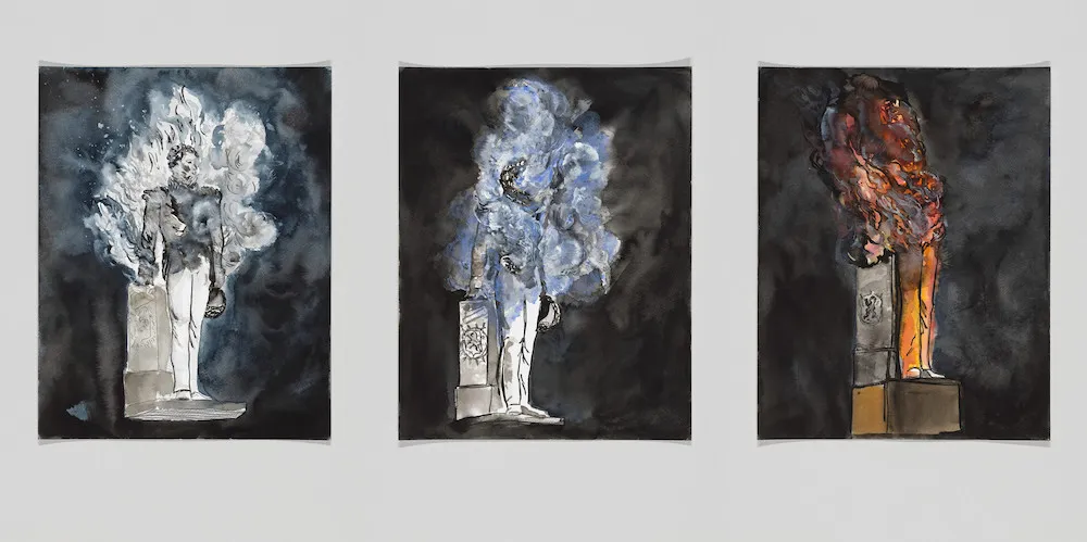  Kambui Olujimi '13, 'Hart Island Crew' (23 ½” × 28 ⅛,” watercolor, ink, and graphite pencil on paper, 2020). Courtesy of the Whitney Museum of American Art, New York; purchased with funds from the Drawing and Print Committee