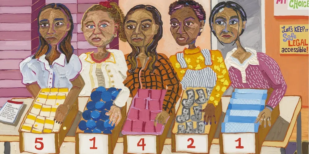 Susan Chen '20, 'An Assembly of After Care Kits,' (78 x 96 in, oil on linen, 2024) detail. Photo by JSP Art Photography. Courtesy the artist and Rachel Uffner Gallery