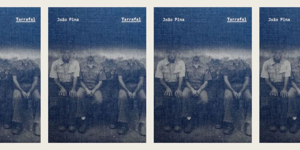 Book cover of blue photograph of headless men sitting in group.