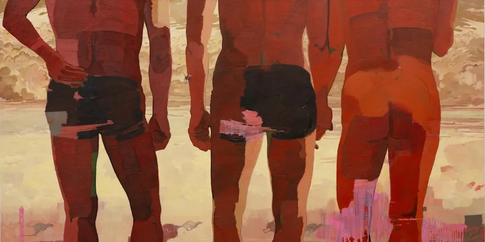 oil painting, the backs of three people
