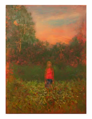 oil painting of a person outside surrounded by foliage