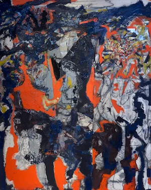 Aristotle Forrester, 'Father and Child,' (79 in x 63 in, oil, hand ground pigment, lock ash, beeswax, burlap, silk, hemp, herringbone cotton, marker collage on canvas, 2025)