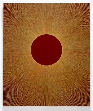 Painting with red circle and yellow starburst. 