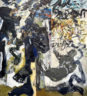 Aristotle Forrester, 'Transfiguration of Byron the Great,' (42 in x 37 in, oil, hand ground pigment, lock ash, marker collage on canvas, 2024)