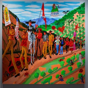 Painting of a parade in the landscape. 