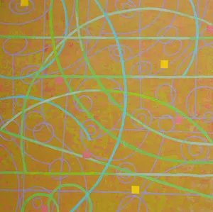 Abstract painting made of yellows, greens and turquoises. 