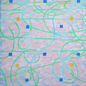 Abstract painting made of pinks, greens and blues. 