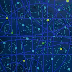 Abstract painting made of blues and yellows.