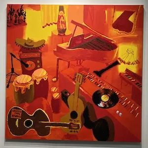 Painting of instruments in oranges, yellows, and blacks. 