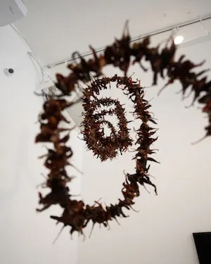 spiral sculpture made from red chiles and steel wire